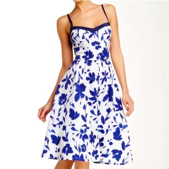 NWOT Allen B Schwartz Bustier Corset Retro Floral Spring Tea Dress Blue Large - Picture 1 of 12